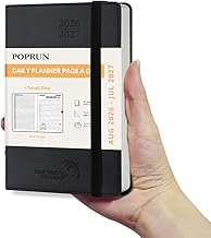 POPRUN Agenda 2026 2027 Dia Por Pagina A6, Diaria 12 Meses 16 x 10,5 cm, Tapa Blanda, Banda Elástica, 70 GSM Papel, Negro