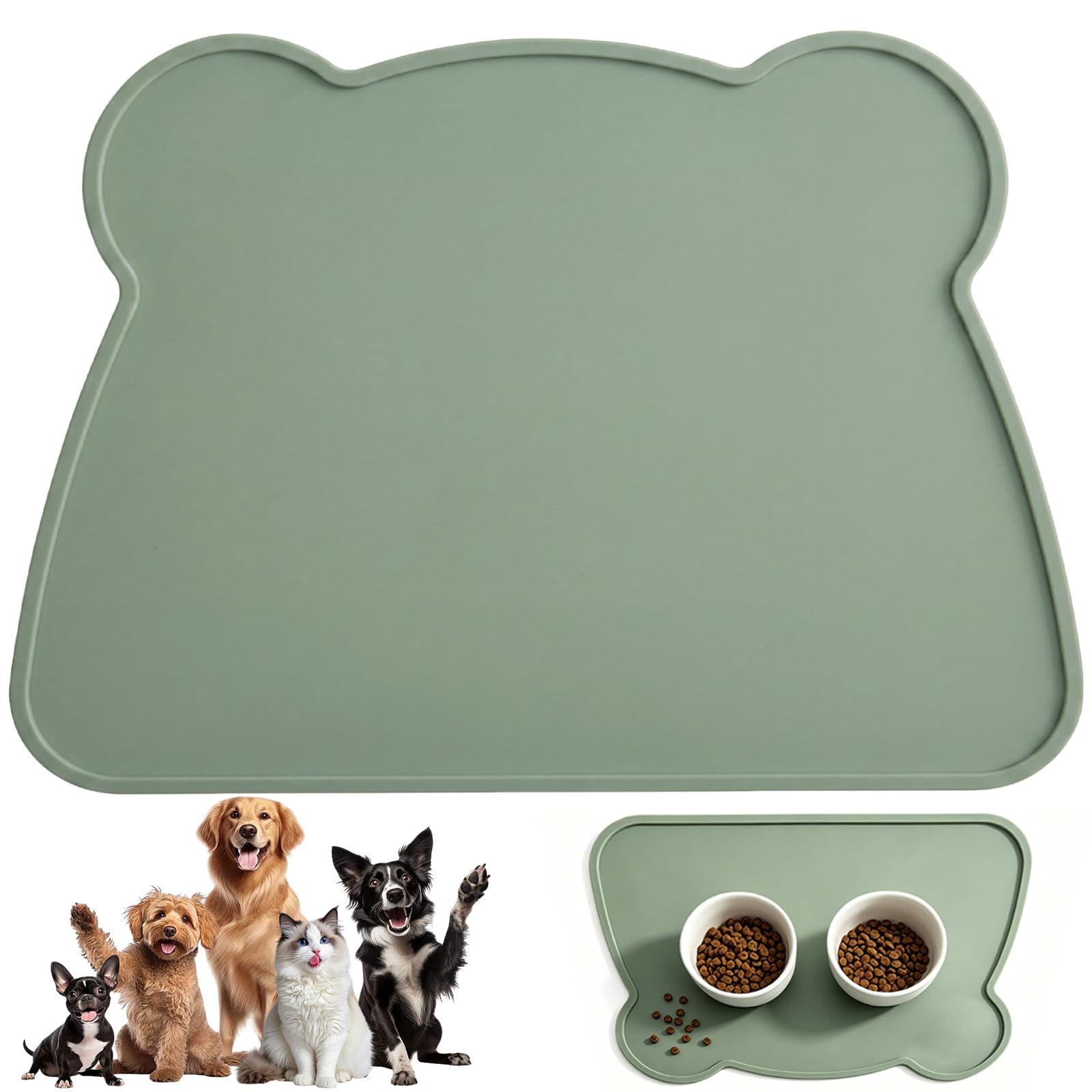 YINKIGI Silicone Cat Dog Food Mat, Large 47x32cm Pet Feeding Mat, Green