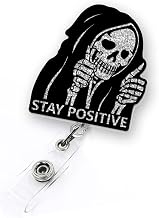 Funny Halloween Badge Reel Retractable for Nurse Doctor Healthcare Worker & Nursing Student | Stay Positive Horror Spooky Badge Holder with Alligator Clip & 24”Durable Nylon Retractable Cord | Acrylic