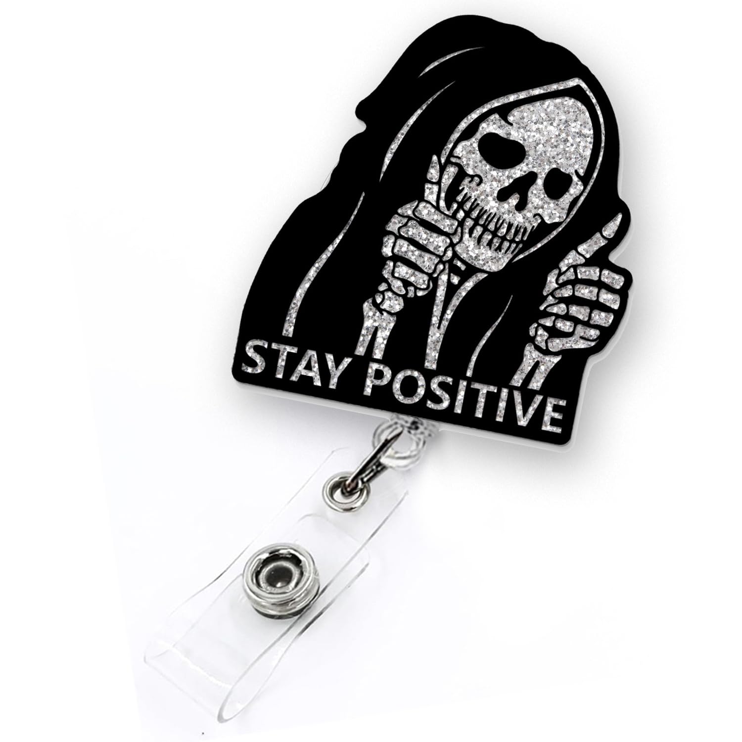 Funny Halloween Badge Reel Retractable for Nurse Doctor Healthcare Worker & Nursing Student | Stay Positive Horror Spooky Badge Holder with Alligator Clip & 24”Durable Nylon Retractable Cord | Acrylic