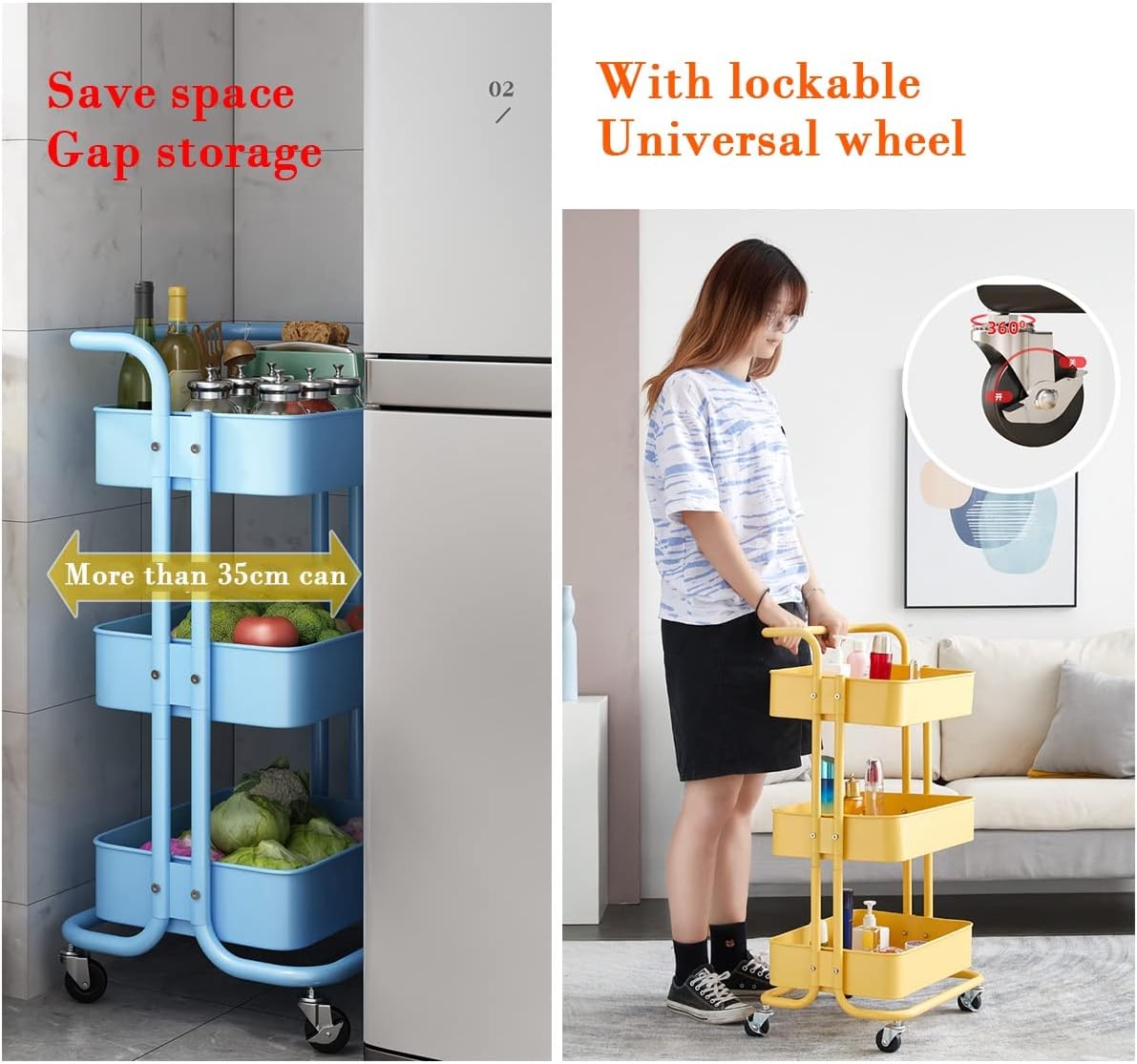 LEIYTFE Modern Rolling Cart 3-Tier Metal Utility Cart with Handle Kitchen Serving Cart, Island Storage Cart-Kitchen, Dining or Living Room, Bathroom Cart (Color : Pink)