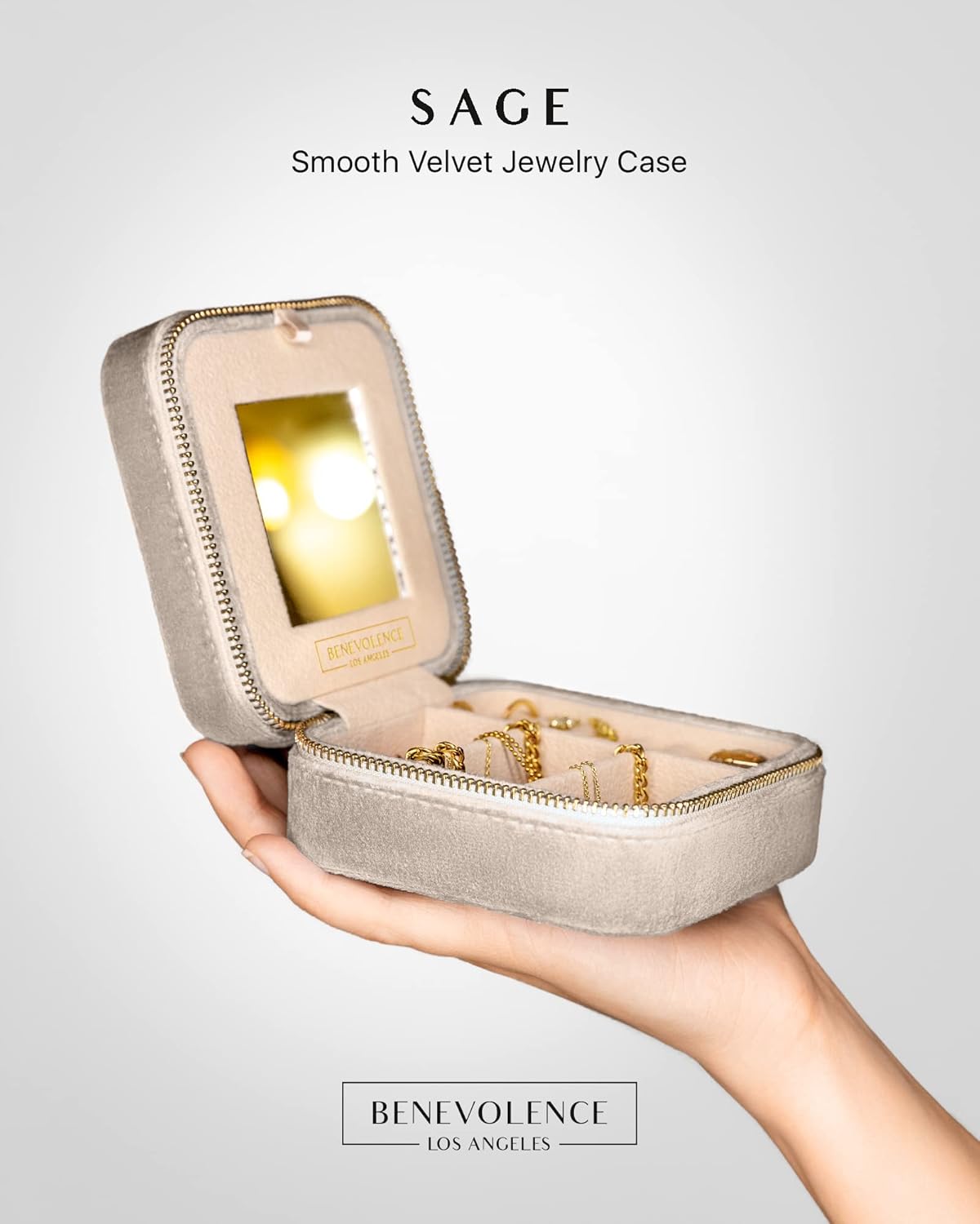Benevolence LA Plush Velvet Jewelry Box | Travel Jewelry Case Organizer with Mirror | Featured in Oprah's Favorite Things | Best Gifts For Daughter, Girlfriend, Mom | Gifts For Her - Sage - Image 2