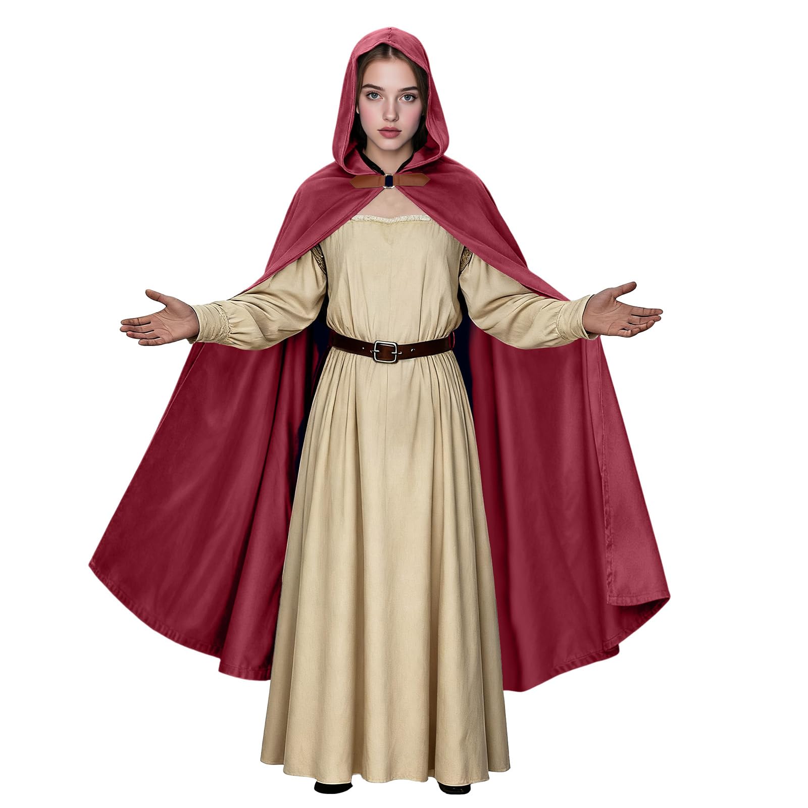 nezababy Medieval Cloak With Hood Renaissance Velvet Cape Ren Faire Fantasy Elf Cape Victorian Ren Faire Viking Costume (Red, 100 cm)