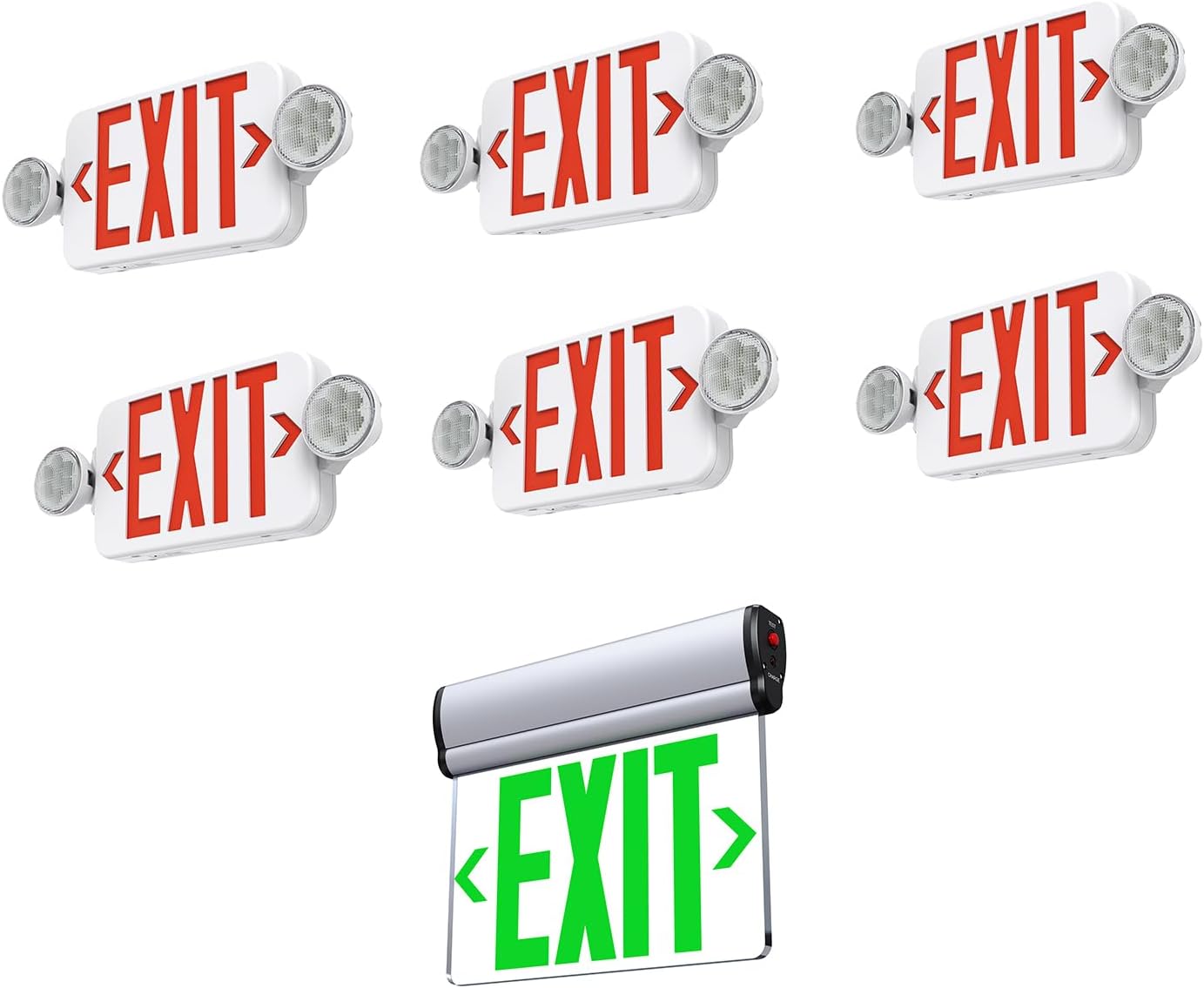 1 Pack Red Led Edge-Lit Exit Sign，Single-Sided Clear Rotating Acrylic Panel Bundle 6 Pack Exit Sign with Emergency Lights, Two LED Adjustable Head Emergency Exit Light with Battery