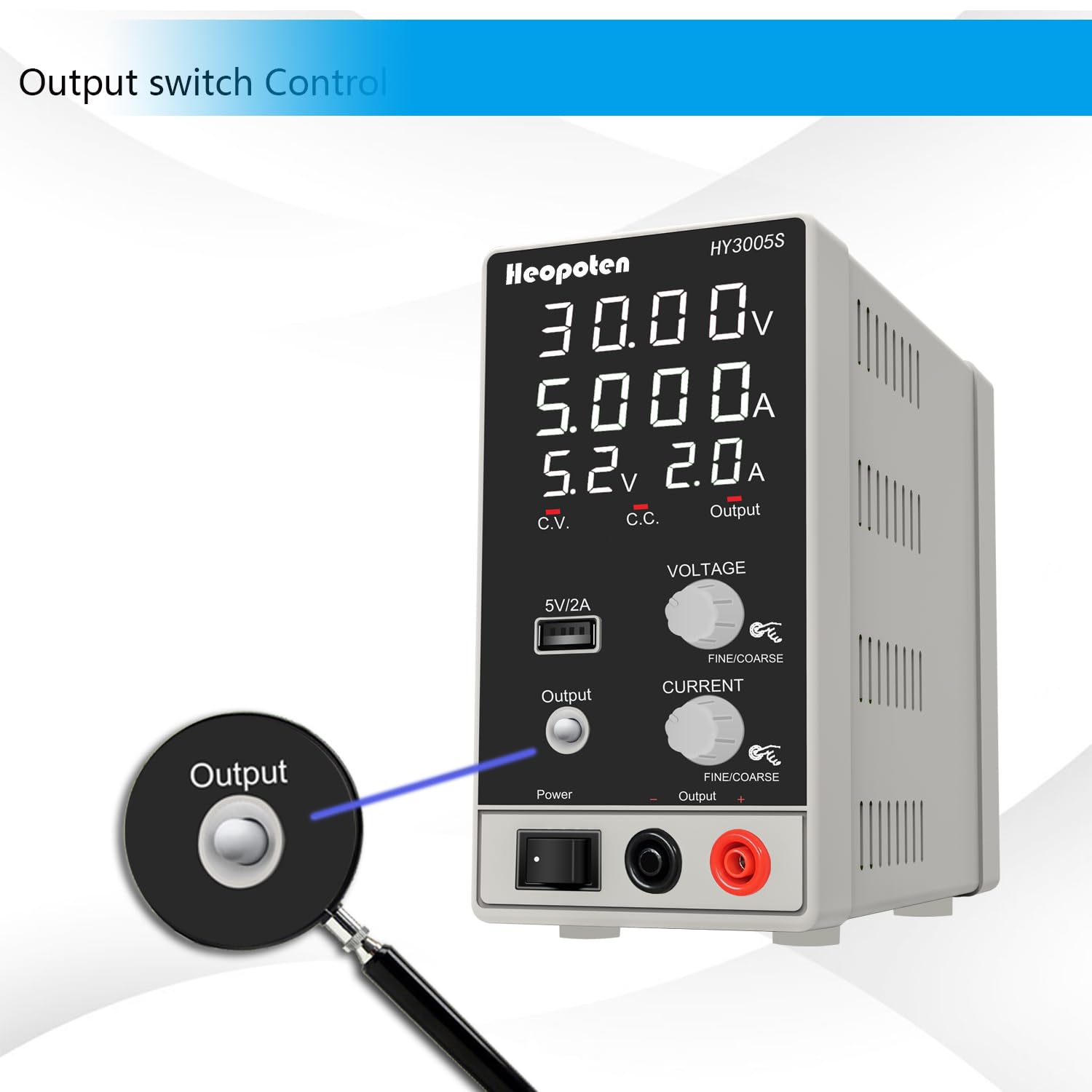 Labornetzteil HEOPOTEN 30V 5A DC Regelbar Netzgerät mit 4-stelliger LED-Vollanzeige der Spannungs- und Stromwerte, 5V2A USB-Ausgang, Alligatorkabeln und Netzkabel