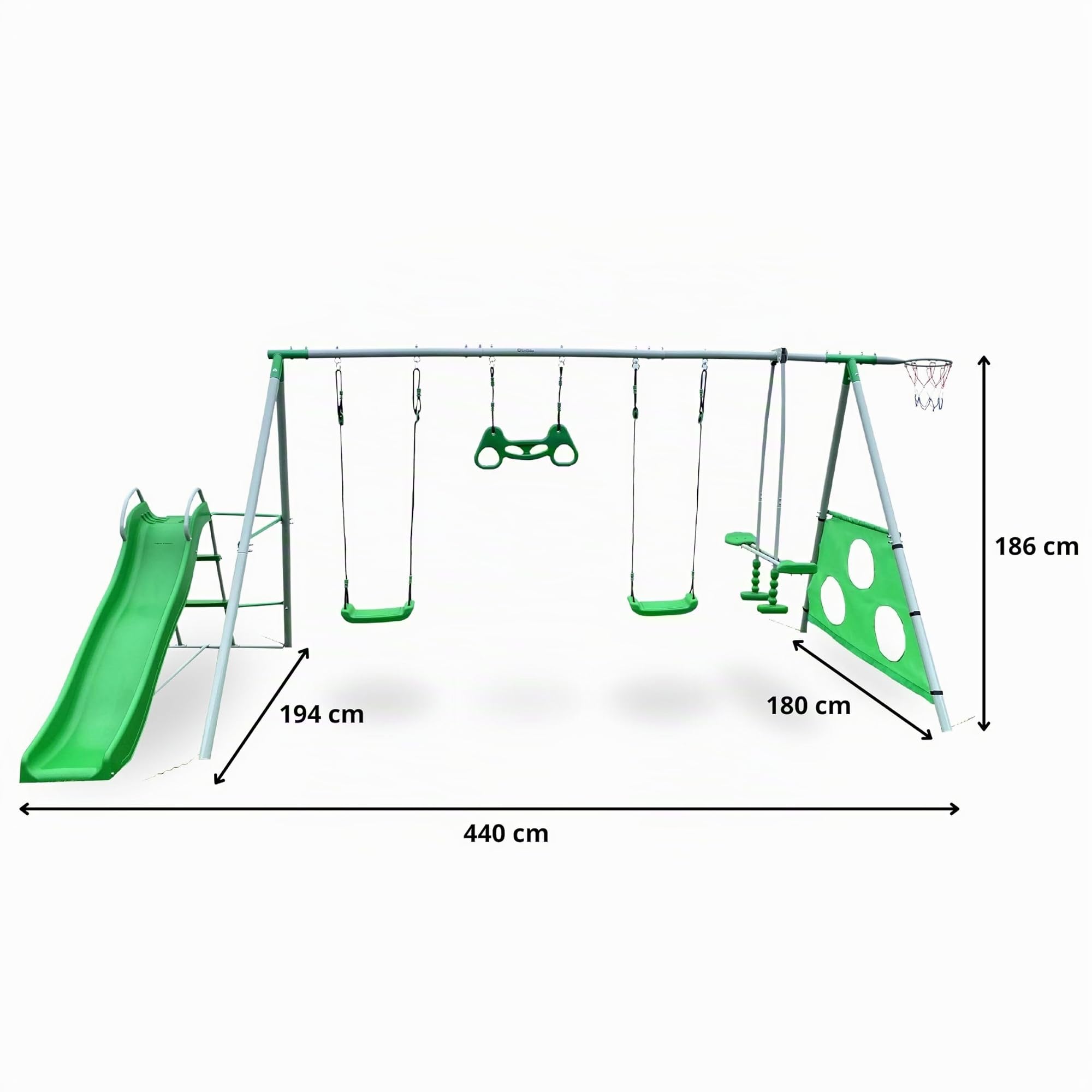 HyperMotion Swing HYP9 Parco giochi XXXL - Altalene Doppia e Singola, Scivolo, Trapezio, Cestino Basket, Scot Calcio - per 6 Bambini 3+ anni, 300 kg Max - Verde