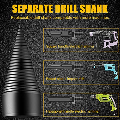 VARWANEO Firewood Log Splitter Drill Bit, 4pcs Removable Heavy Duty Drill Screw Cone Driver, Wood Splitter Screw Cone kindling Cracker for Hand Drill Stick (hex+Square+Round 32mm) - Thumbnail 2