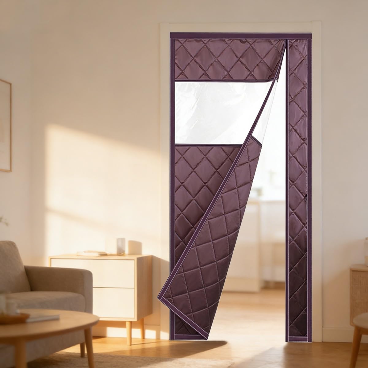 Rideau porte isolant thermique en coton marron avec fenêtre 105x195 cm