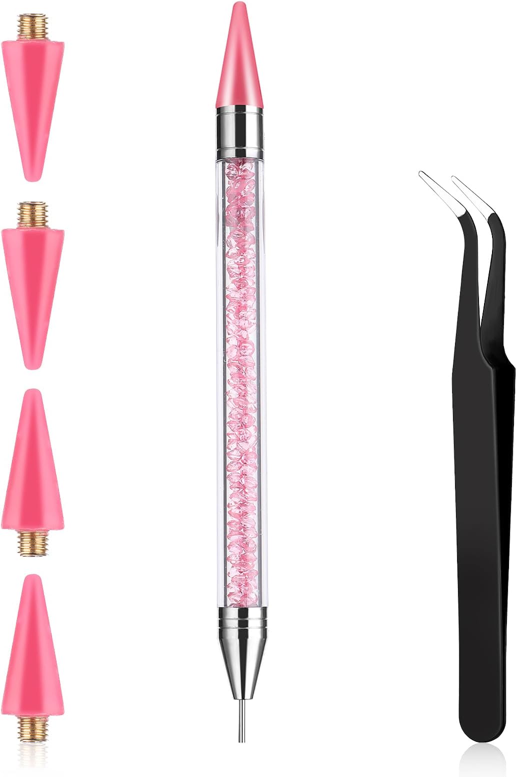 Prasacco Rhinestone Picker Tool, Rhinestones Applicator Rhinestone Picker Dotting Wax Pen Dual-Ended Rhinestones Applicator Nail Art DIY Tools with 4 Extra Wax Tips and 1 Tweezer for DIY (Pink)