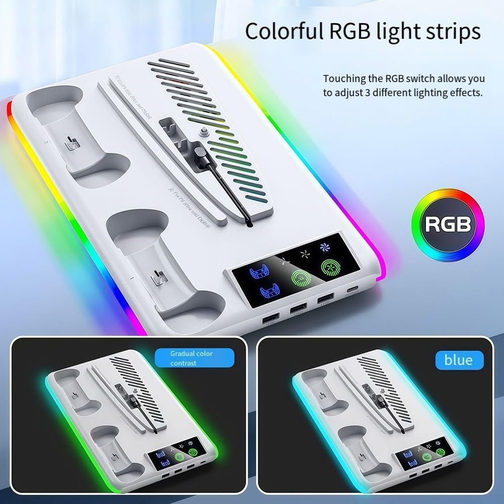 Base di ventilazione per PS5 con hub USB di ricarica doppio controller e luce RGB per una migliore dissipazione del calore (nero)