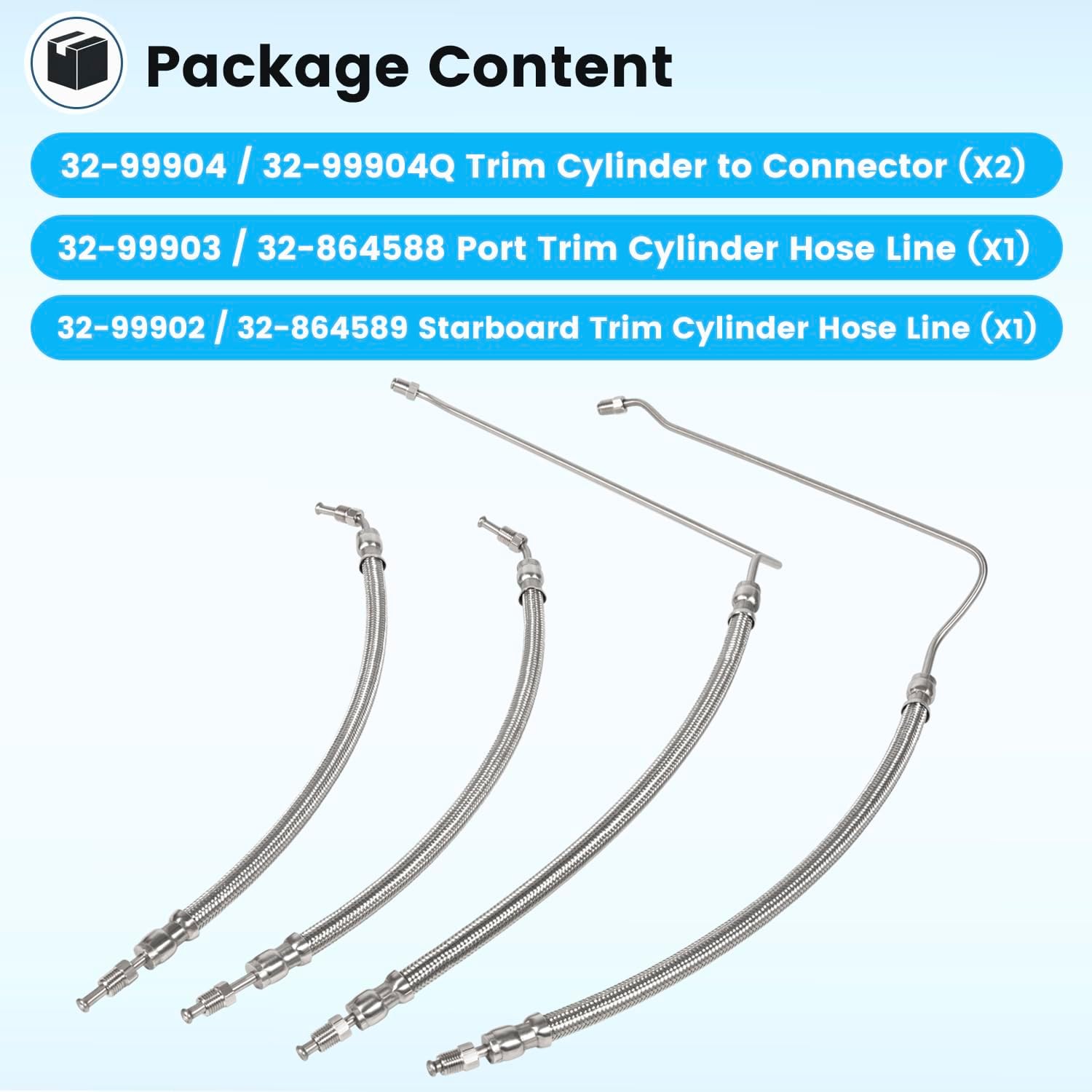 Trim Tilt Hydraulic Ram Cylinder Hose Kit for Mercruiser Alpha I 15-9/16" and Bravo, Replacement for 9B-104 and 9B-121, Replace 32-99904Q(x2), 32-864589 and 32-864588