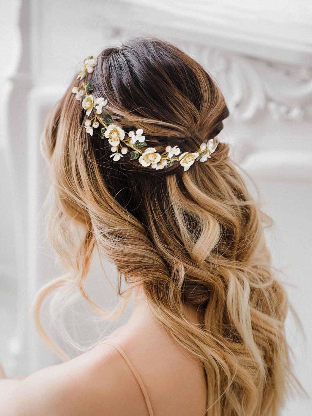 IYOU Novia Boda Vides del Pelo Oro Flor Diadema Hoja Perla Tocado Dama de honor Novia Accesorios para el cabello para Mujeres