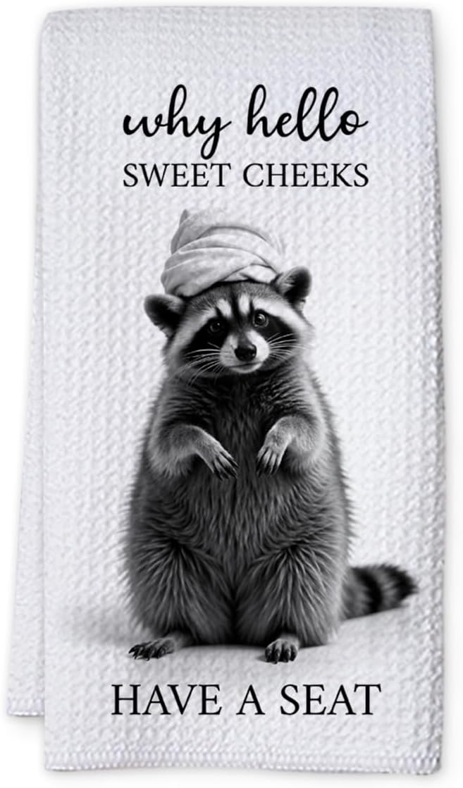 KIDEAR Funny Why Hello Sweet Cheeks Have A SEAT Raccoon Hand Towel,1 PCS Cute Raccoon Kitchen Towels for Bathroom Kids Room Decorations,Cute Animal, Gifts for Women, Pet Owners Housewarming - C15