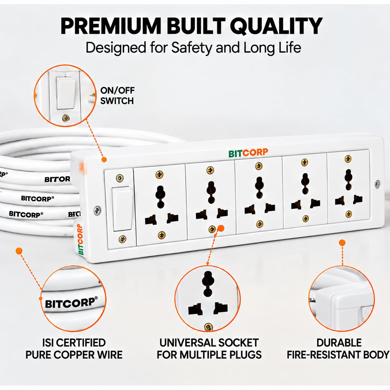 BITCORP 6A Extension Board - 5 Outlets, 2000W -5 BITCORP 6A Extension Board - 5 Outlets, 2000W -5