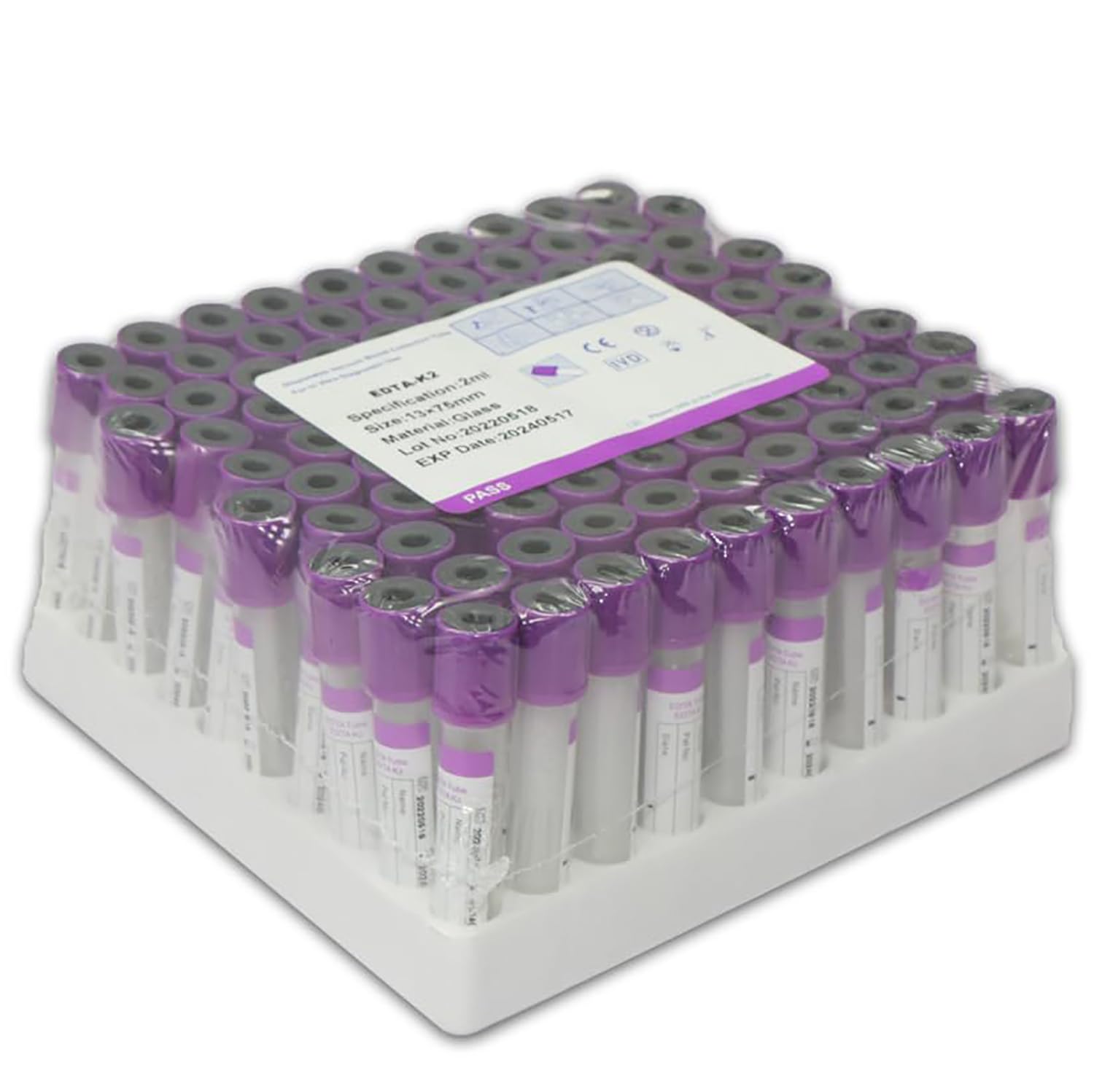 Provetta per prelievo di Sangue sottovuoto da 100 Pezzi, provette in Vetro EDTA K2 da 2 ml/3 ml/5 ml/10 ml con Tappo a Vite Viola per Laboratorio, per Laboratorio