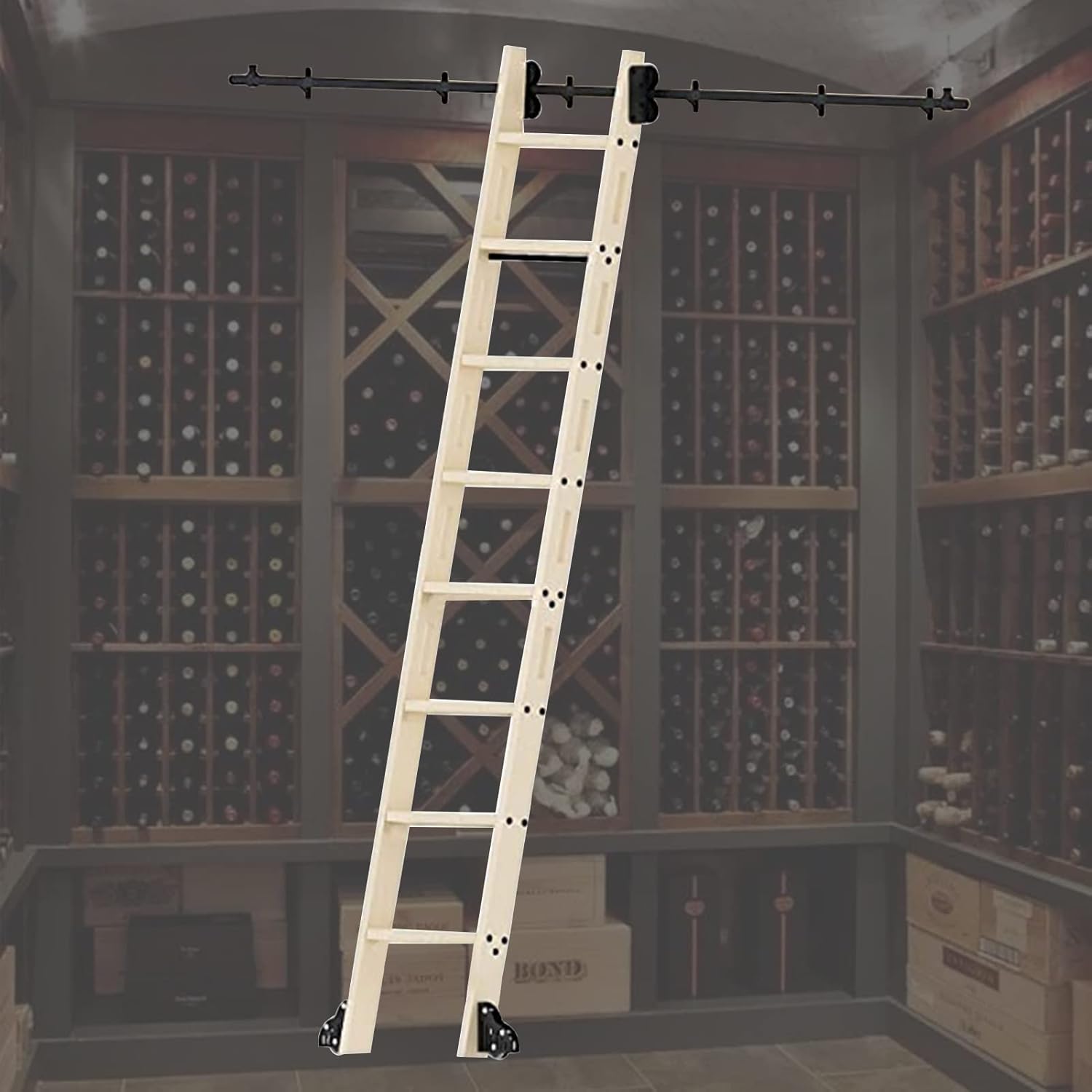 Rolling Ladder Hardware Kit 3.3Ft-20Ft Rolling Rustic Black Steel Sliding Library Office Ladder Hardware Track Set Kit,Sliding Ladder Hanging Rail Hardware,Mobile Ladder,6.6ft/200cm Track K