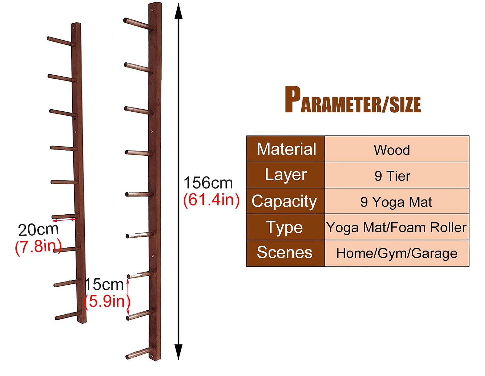 Estante de almacenamiento de madera para esterilla de yoga, soporte organizador de rodillos de espuma de gran capacidad, soporte organizador de rodillos de espuma de 9 niveles, almacenamiento