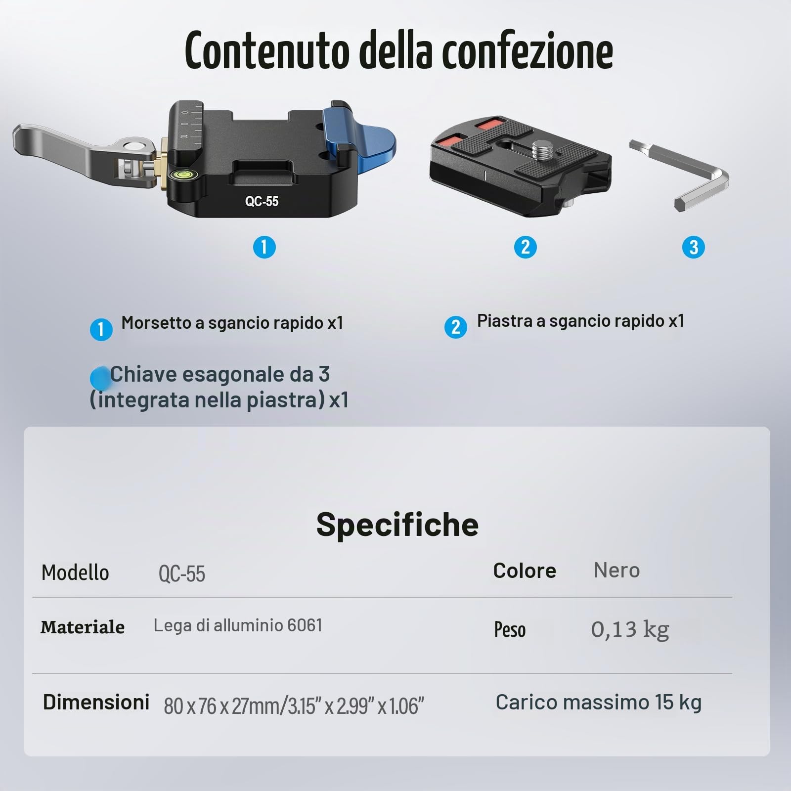SIRUI Piastra Sgancio Rapido con Base di Serraggio, Quick Release Plate Clamp con Adattatore Vite da 3/8"-16 a 1/4"-20, Piastra di Rilascio Rapido per Fotocamera DSLR Treppiede Monopiede, QC-55