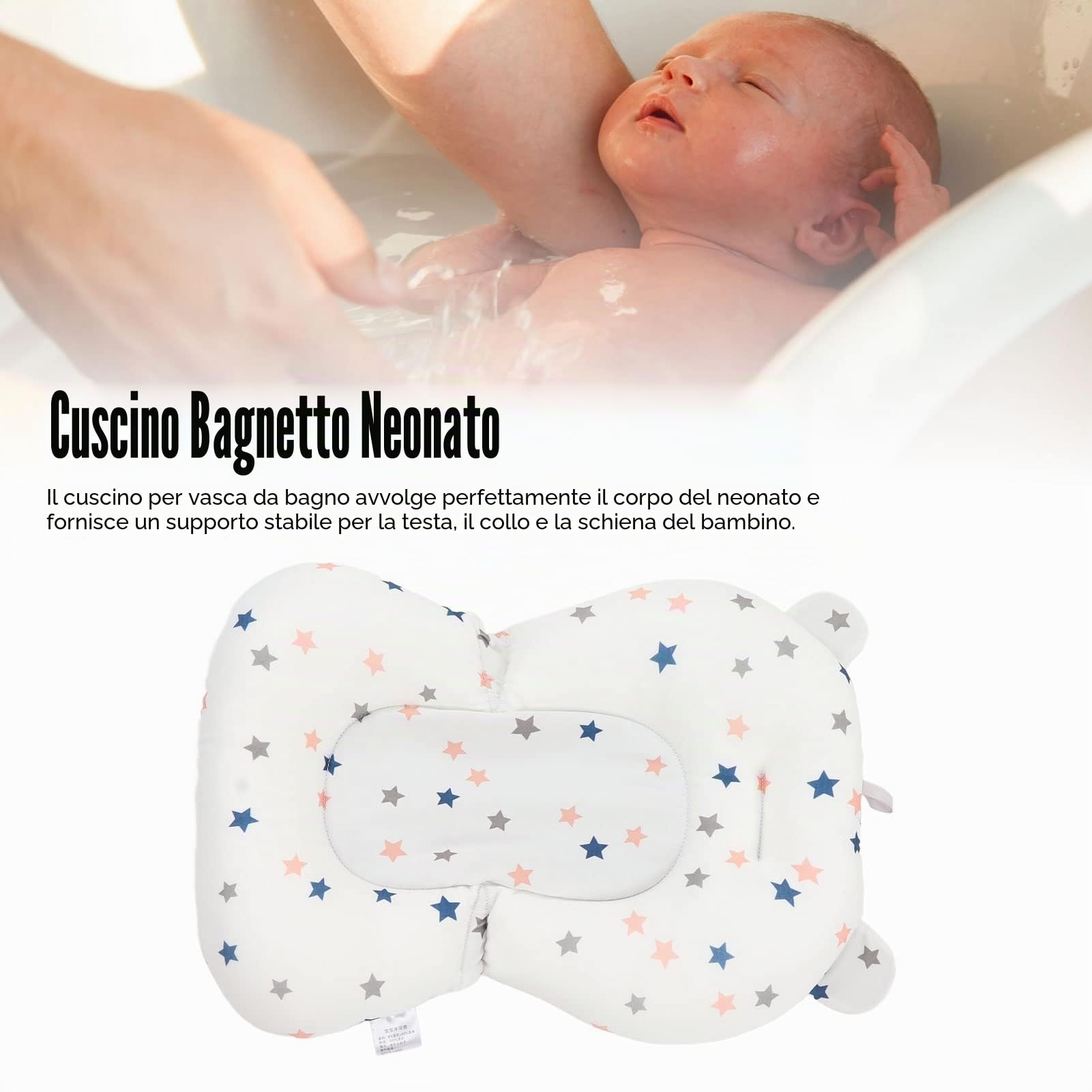 Sostenitore del Bagnetto per Neonati, Cuscino per Sedile Regolabile per Vasca da Bagno Pieghevole Morbido per Bagno per Bambini (Stelle bianche)