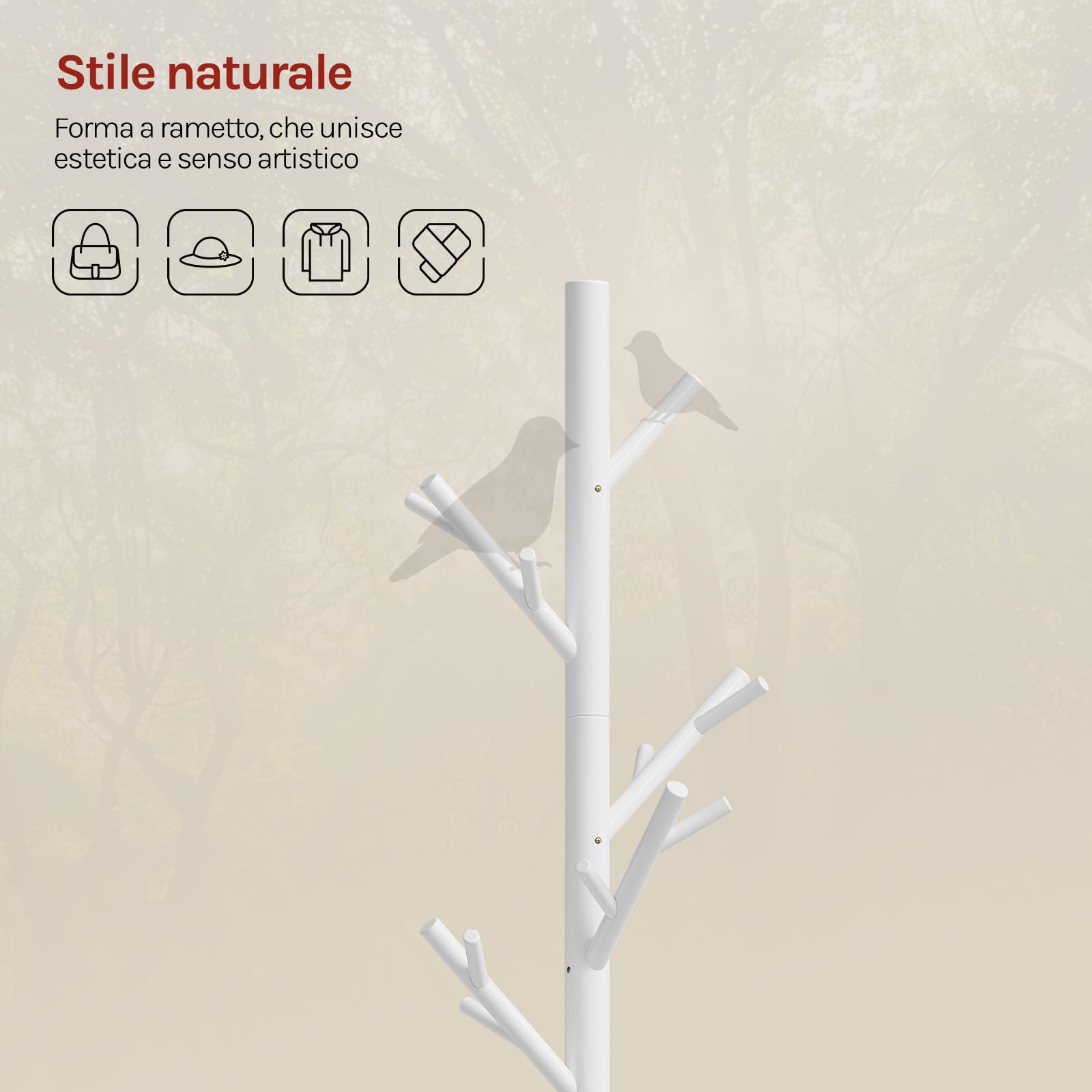 WOLTU Appendiabiti da Terra a Forma di Albero, Attaccapanni con 13 Ganci, Altezza Regolabile su 3 Livelli, in Legno, per Ingresso, Guardaroba, Camera da Letto e Ufficio, 48x42x175 cm, Bianco