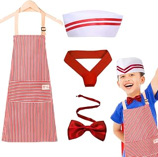 4 Pcs Kid Waiter Costume Kit Car Costume Red and White Striped Apron for Kids Adjustable Bib Aprons Jerk Chef Hat Adjustable Red Bow Ties for Kids 1950s Dinner Cosplay Dress Halloween Party
