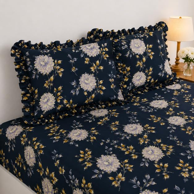 Image of 380 TC Premium Glace Cotton Elastic Fitted Bedsheet King Size with 2 Pillow Covers King Size | Double Bed with All Around Elastic (Black Floral, Fitted - 72 inchx78 inch King)
