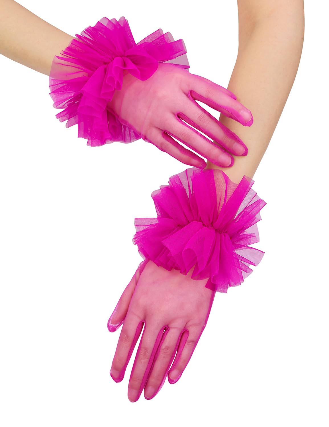 GRYUIRY Bridal Short Tulle Sheer Gloves for Women Tea Party Ruffle Mesh Gloves Wedding Opera Glove