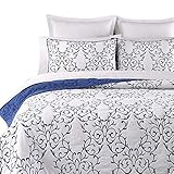 mixinni Reversible 100% Cotton 3-Piece Royal Blue Embroidery Pattern Elegant Quilt Set with...