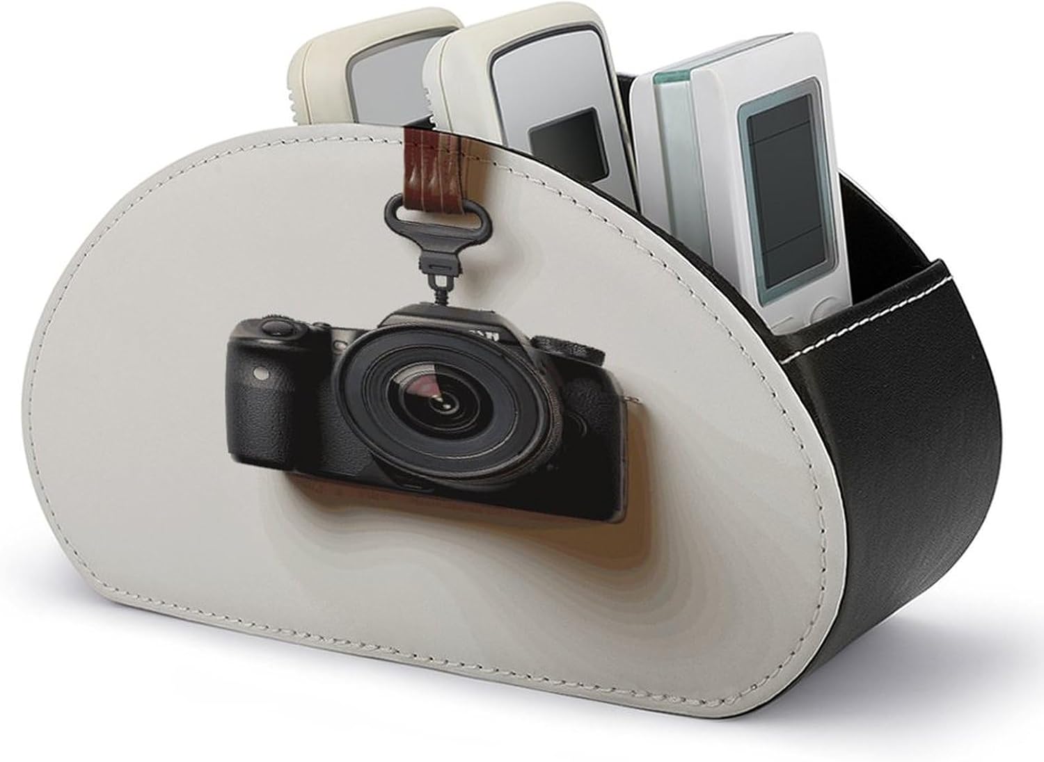 Camera Hanging on White Wall Desk Organizer Remote Control Holder