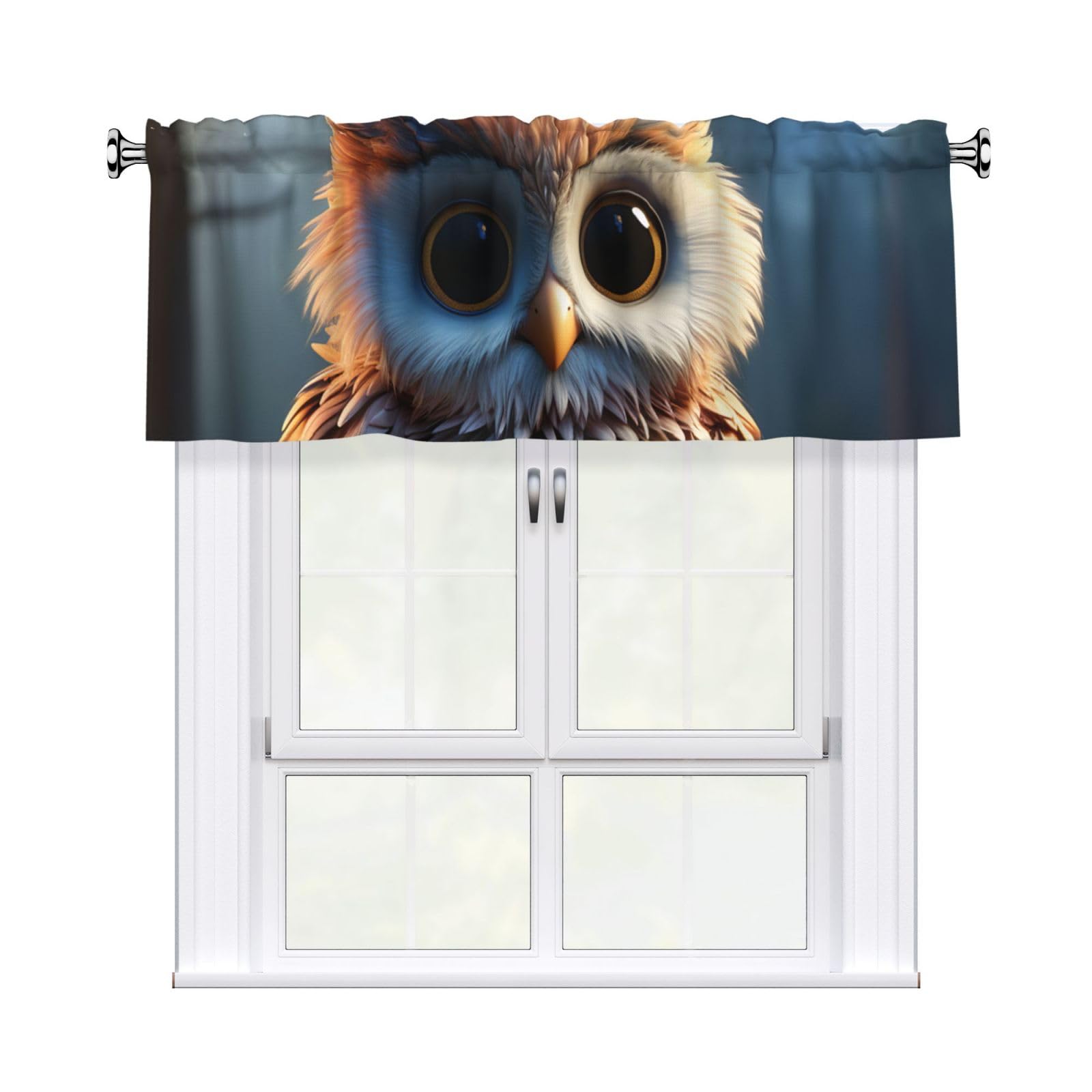FekiLoot Cute Owl Curtain Valance for Windows, Kitchen Window Valances Rod Pocket Window Treatments Short Curtains Drapes for Bathroom Bedroom Cafe Decor 54x18inch 1 Panel