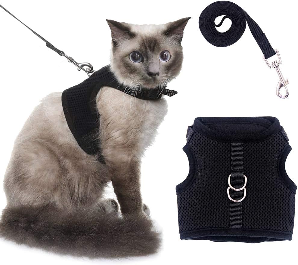 OFPUPPY Escape Proof Cat Harness and Leash - Adjustable Soft Mesh for Kitty Kitten Walking, Black Medium