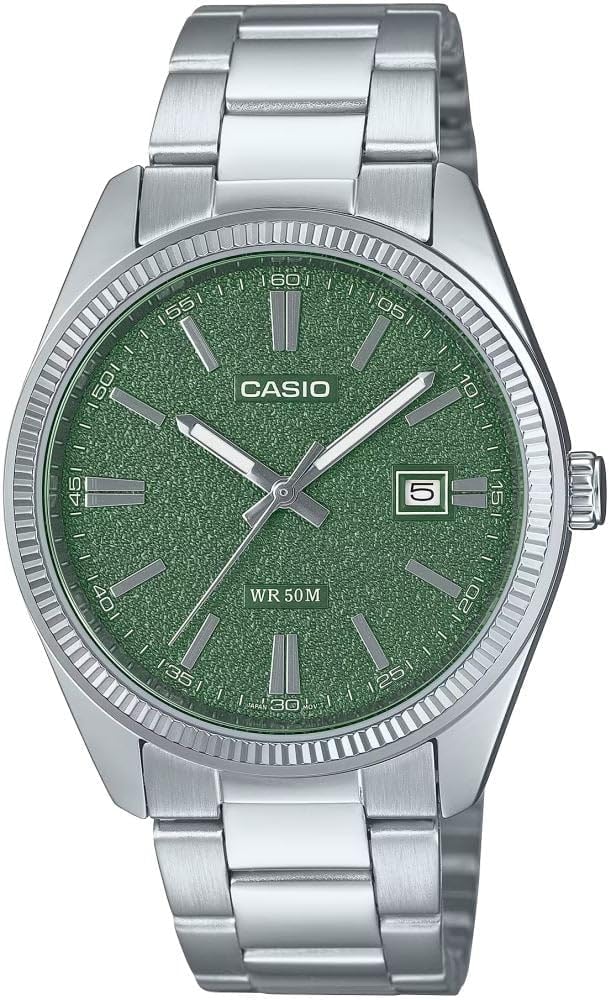 Casio MTP1302DA-3AV Men's Vintage Classic Stainless Steel Matte Green Dial Date Analog Watch