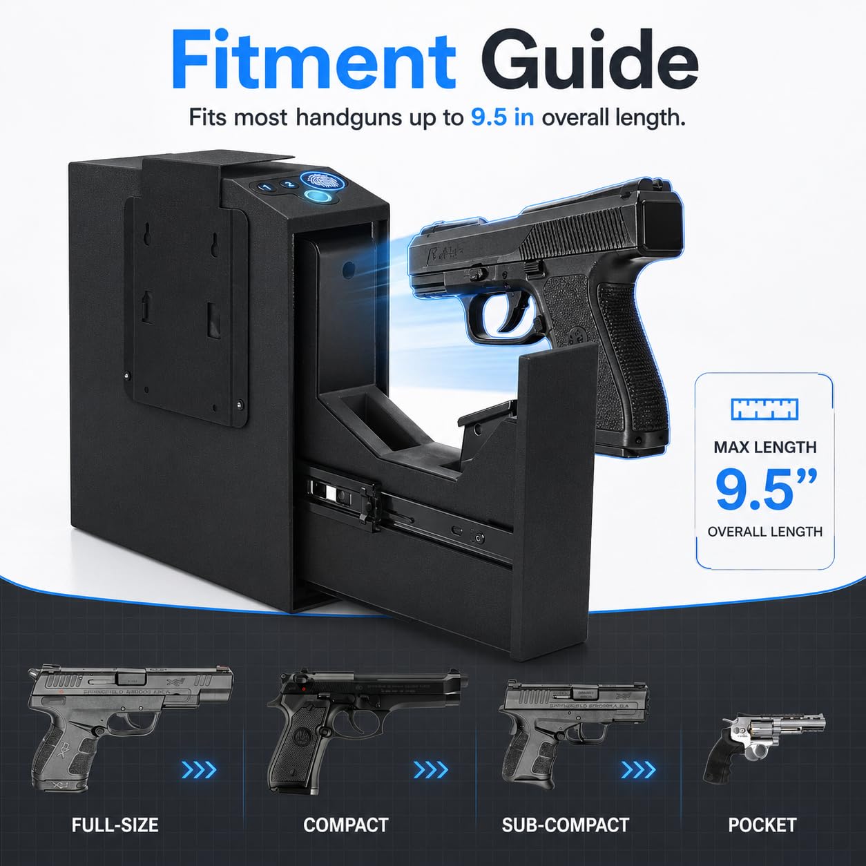 Coffre-fort pour pistolets, coffre-fort biométrique pour pistolets avec accès rapide, porte coulissante automatique, coffre-fort pour pistolet avec empreinte digitale, code PIN, accès par clé pour la