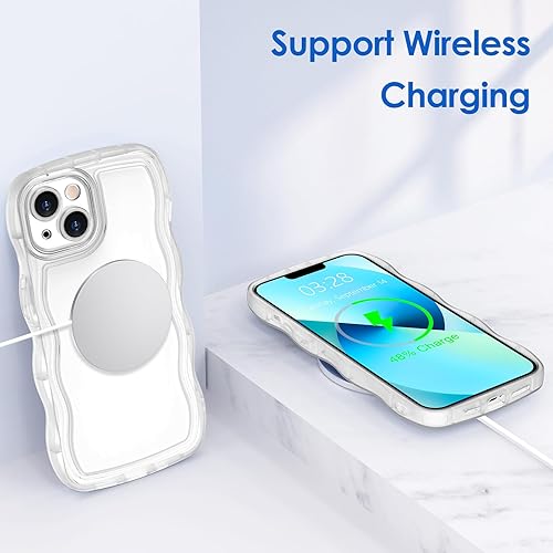 Miniatura 4 de Anuck Funda para iPhone 13 con borde ondulado, diseño trasero transparente, agarre antideslizante, lindo marco ondulado y rizado, a prueba de