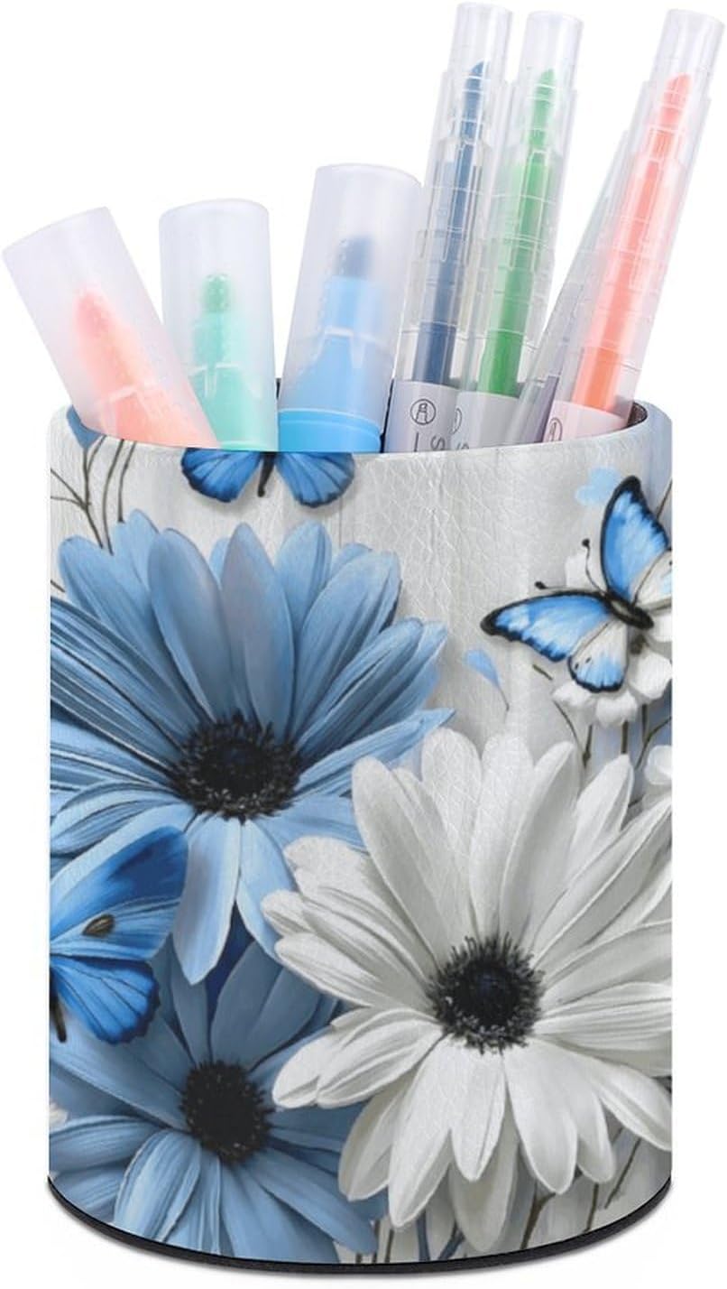 White Daisies Round Pen Holder Desk Organizer for Office Home