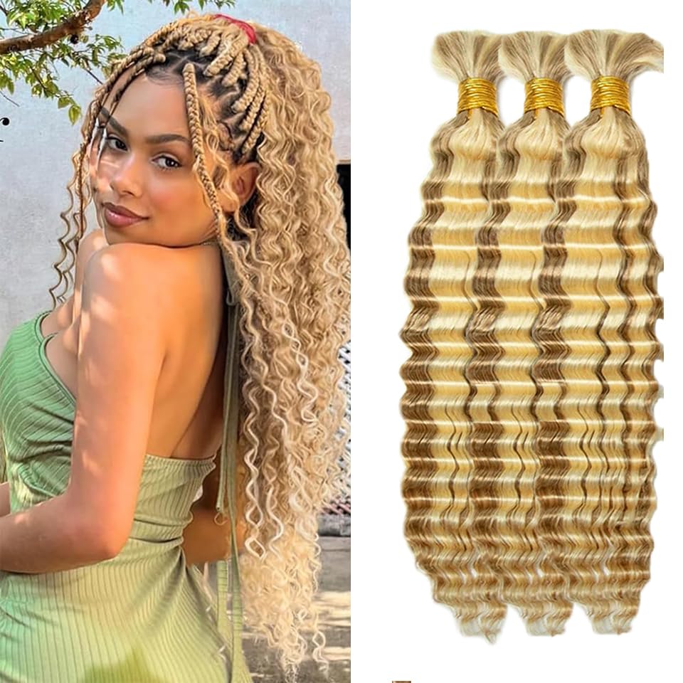 P27/613 Highlight Human Braiding Hair for Boho Braids 32 32 32 Inch Honey Blonde Deep Wave Bulk Human Hair Knotless Boho Braiding Curly Virgin Hair Extensions 150g 3 Bundles/Pack
