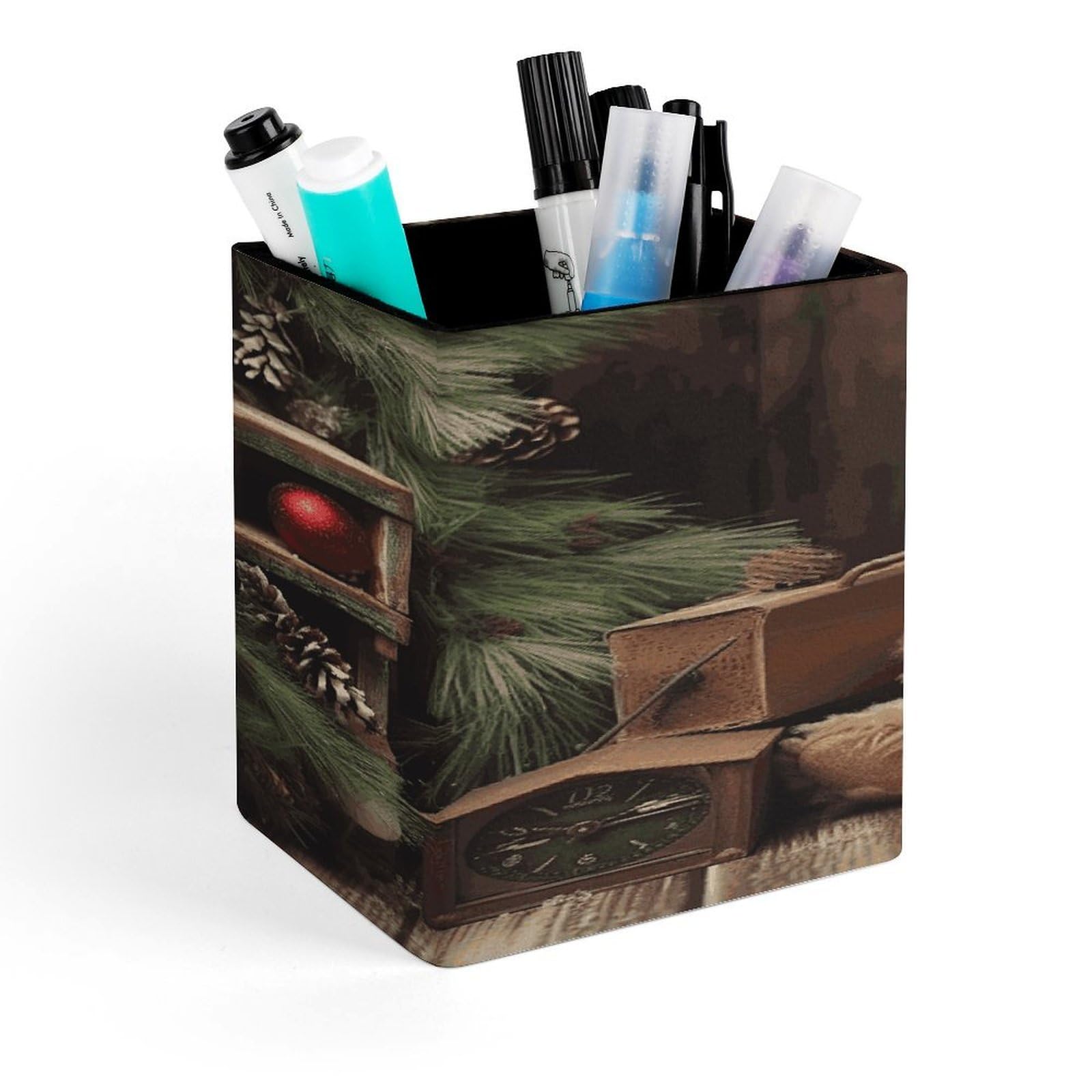 FekiLoot Xmas Tree Branch Bear Doll Pen Holder for Desk Minimalist Leather Pencil Holder Fashion Modern Pencil Cup Decorative Square Pen Cup Locker Organizer for Office Work Locker Accessories