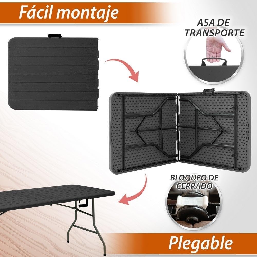 LOLAhome - Mesa Plegable maletín Gris Oscuro Efecto Madera de 180x74 cm, Resistente y fácil de Montar, con Estructura de Acero anticorrosión y HDPE. Ideal para Exterior, Catering, terraza y Eventos