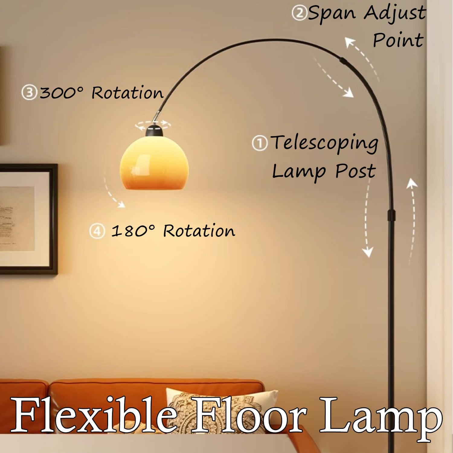 MIXL-Orange Fishing Floor Lamp with Glass Shade,Adjustable Arc Floor Reading Lamp with Marble Base,Mid Century Modern Standing Lamp for Living Room Bedroom and Office