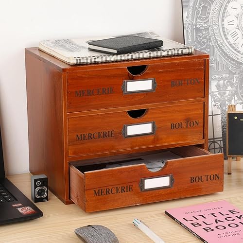 Miniatura 2 de Caja de almacenamiento de madera, organizador de escritorio rústico con 3 cajones, accesorios de escritorio de oficina, estante grande de
