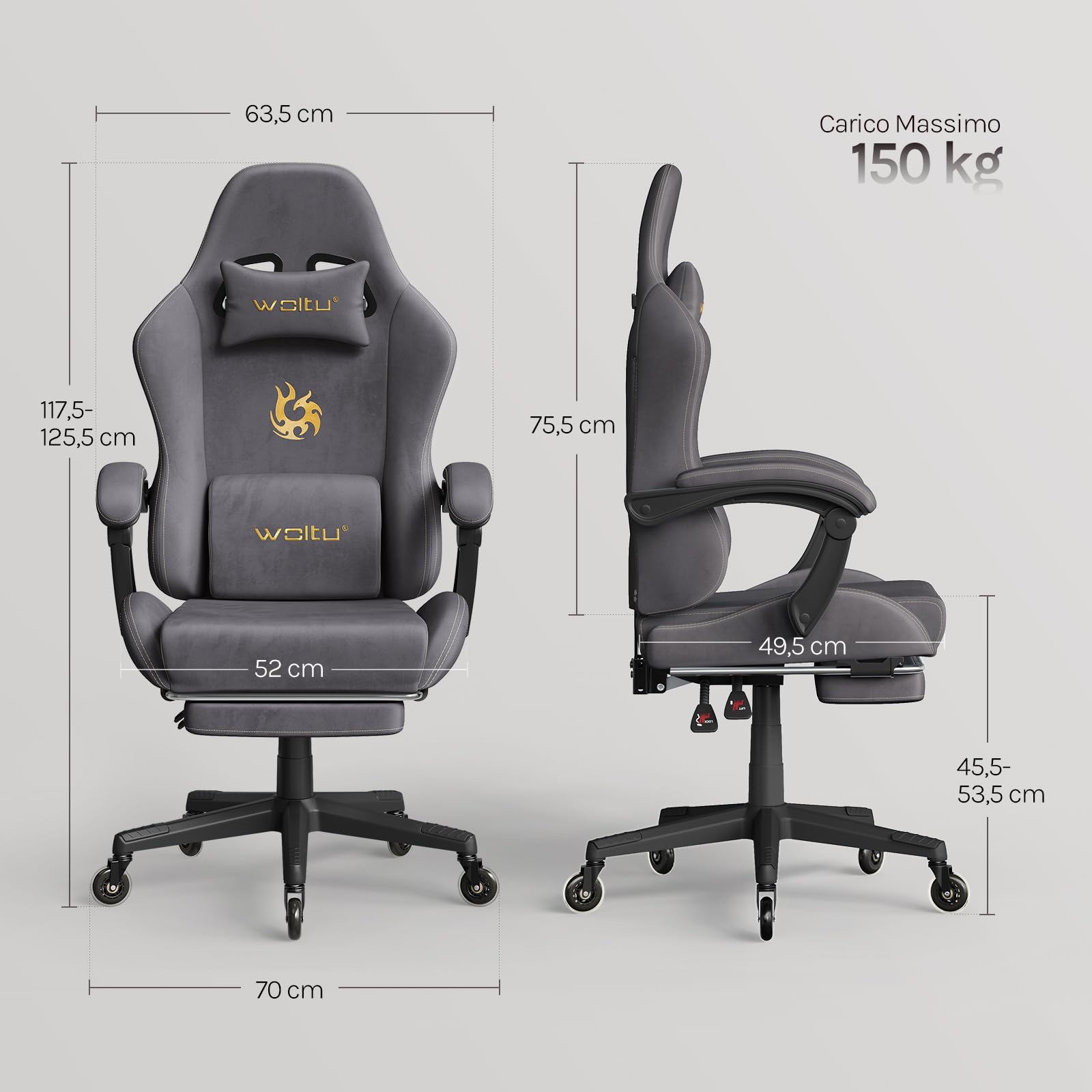 WOLTU Sedia da gaming, Sedia Gaming Ergonomica con Ruote Silenziose, Altezza e Inclinazione Regolabile, con Braccioli Sincronizzati e Poggiapiedi, in Tessuto Scamosciato, Grigio