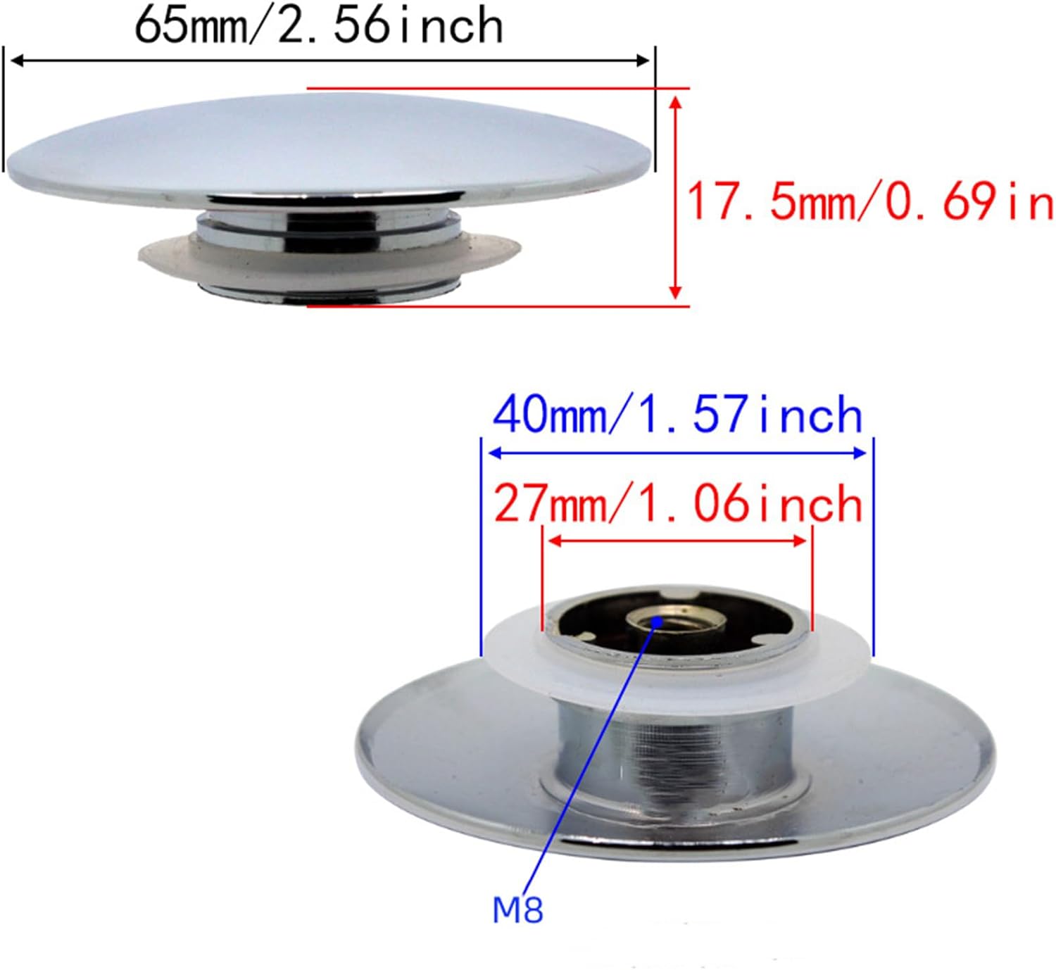 2Pcs Chrome Basin Waste Easy Pop Up Bathroom Sink Drains Push Button Click Clack Plug 66mm Easy to Use