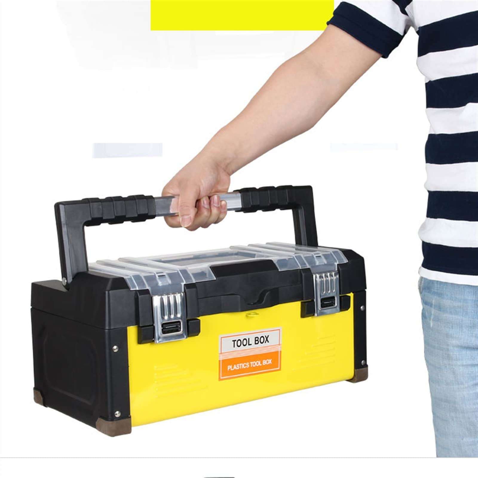 Cajas de herramientas Caja de herramientas con bandeja extraíble con bloqueo doble seguro, caja de piezas pequeñas, caja de herramientas de plástico con mango de metal, for almacenamiento de artesanía