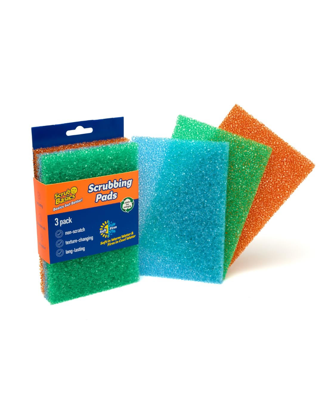 Scrub Basics Scrubbing Pads - Non-Scratch Scouring Pads with Texture Changing Technology, Dish Scrubber Scourers Sponge for Washing Up, Cleaning & Kitchen - Pack of 3