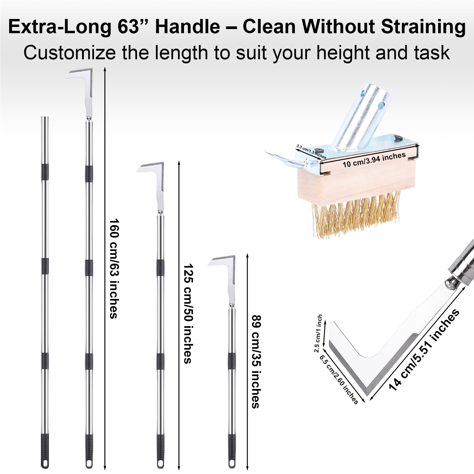 Langer Griff Crack Weeder Tool Set mit verstellbarem 160 cm Griff, 2-in-1 Edelstahl-Fugendüse & Bürste für Unkraut- und Moosentfernung von Terrassen, Einfahrten, Gehweg-Rissen