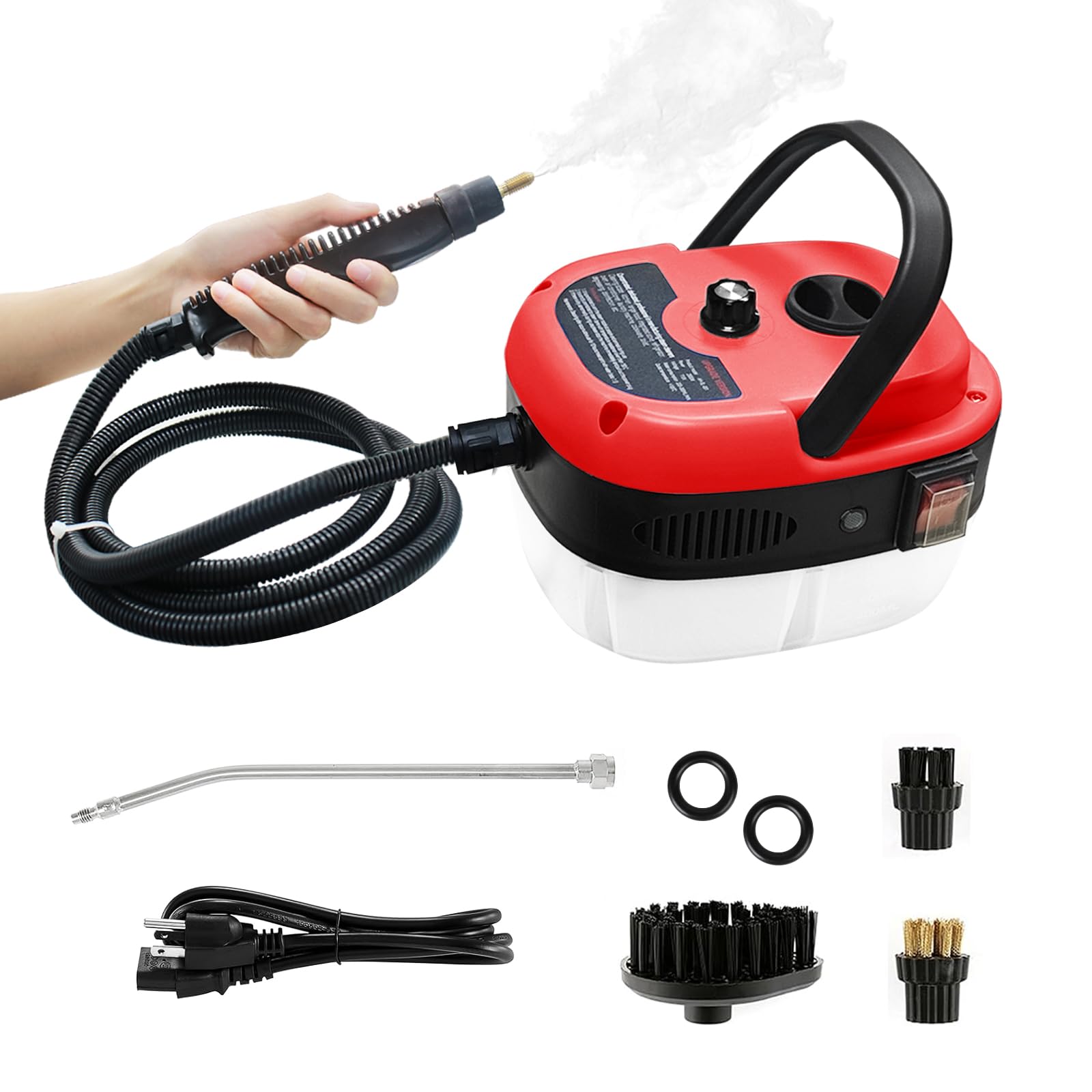 Handheld Steam Cleaner, 2500W Pressurized Steam Cleaner with 3 Brush Heads, Portable Steam Cleaner for Home, Car, Furniture, Kitchen, Bathroom and Wall, Red