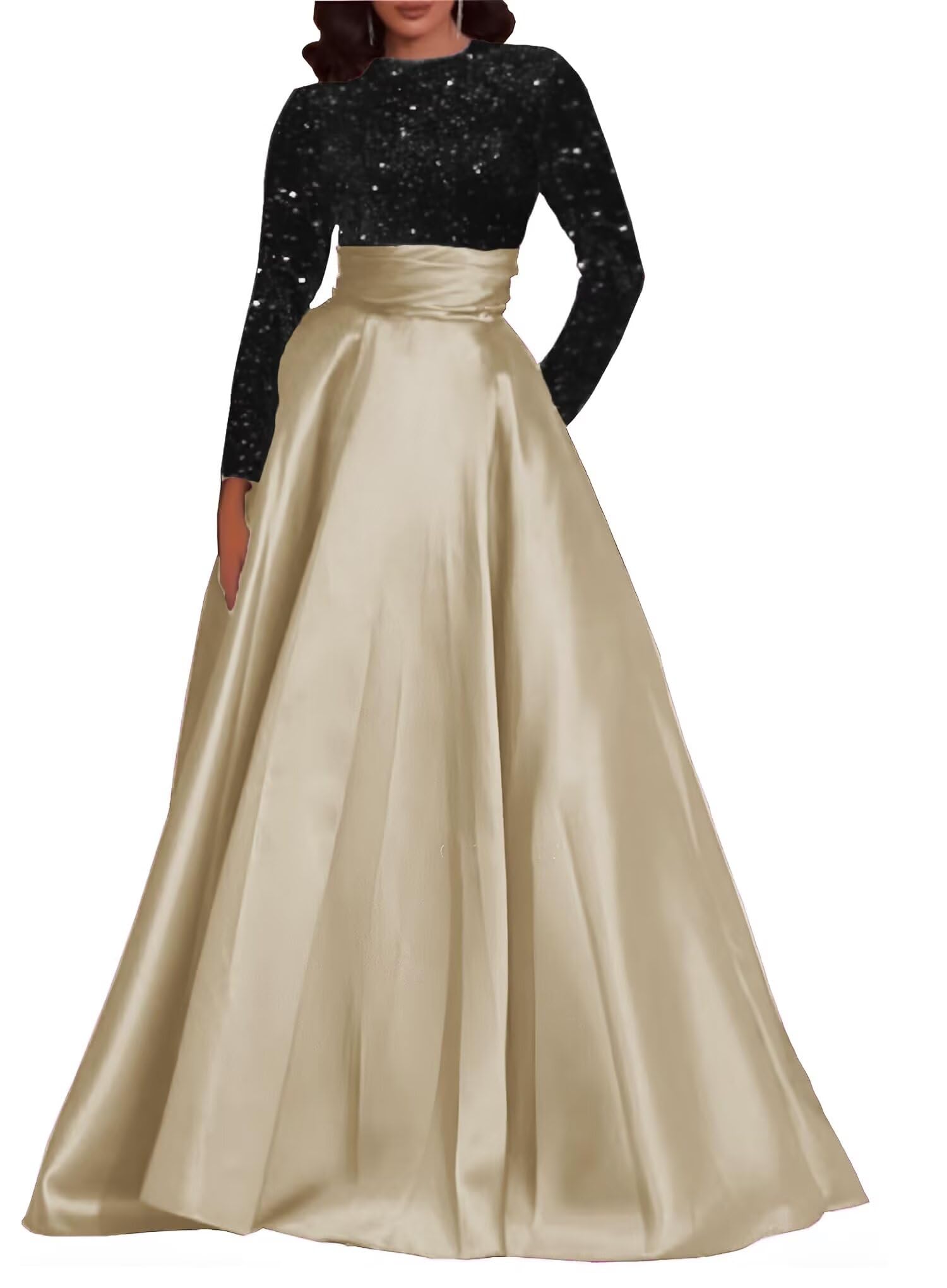 EBCoin Long Sleeve Sequin Prom Dresses Satin Maxi Prom Gowns Sparkly A Line Formal Evening Dress with Pocket