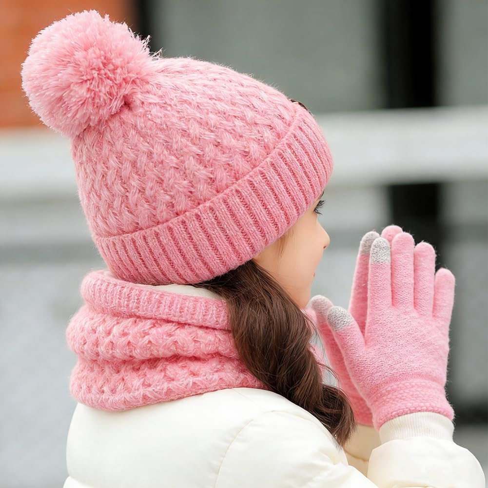 Conjunto Accesorios de Invierno 3 Piezas Niños Set Conjunto de Gorro Bufanda y Guantes Para Niños Gorro Punto Con Forro Cálido Bufanda Guantes Para 3-10 Años
