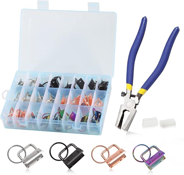 LEONTOOL Key Fob Hardware Pliers Tool 32 Pcs Keychain Fob Hardware Kit 1 inches 8 inches Key Fob Glass Running Plier with Rubber Cover for Wrist Strap Key Chain Lanyard Clasp Hardware