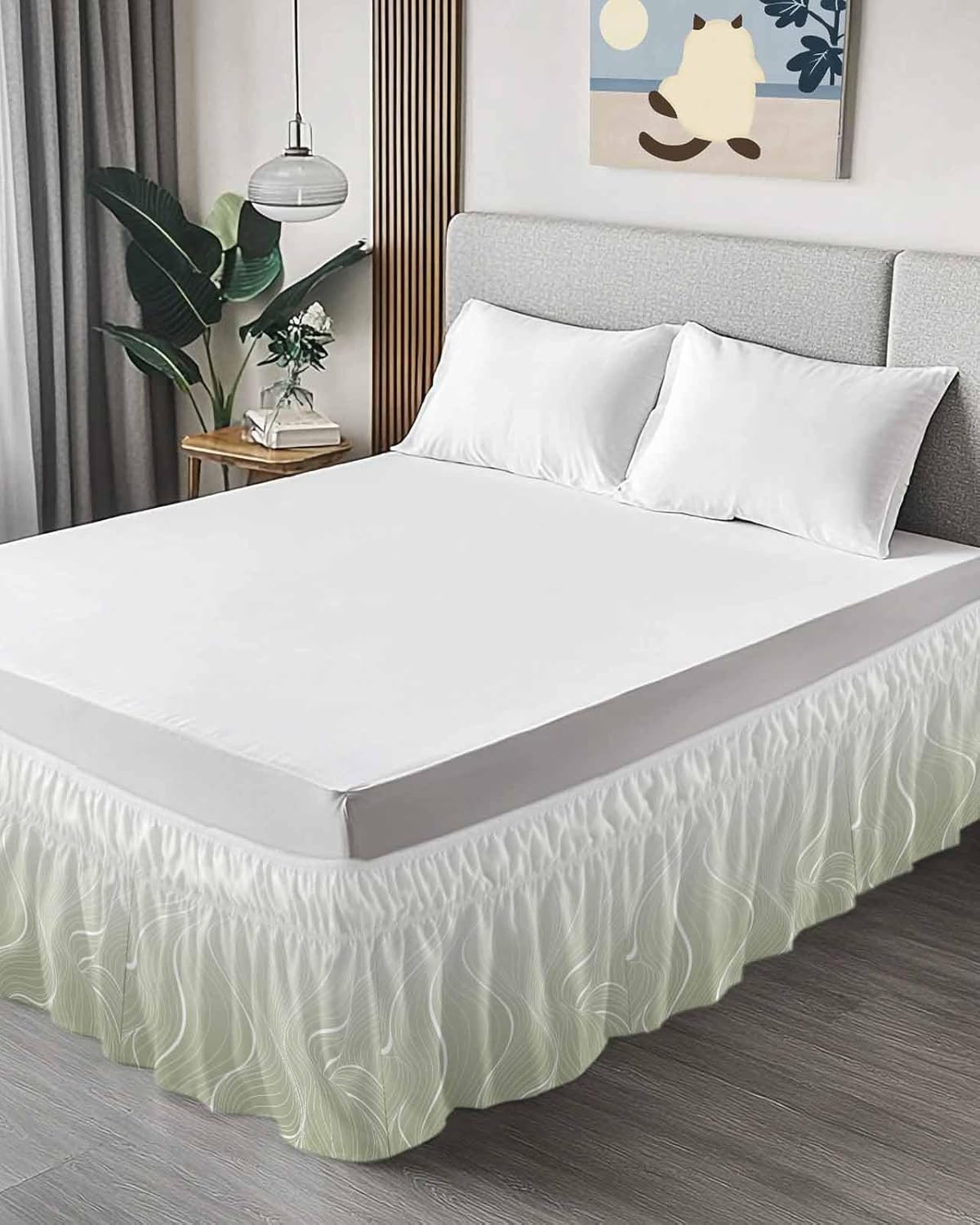 Ombre Sage Green Stripes Bed Skirt King Size 16" Drop Striped Lines Waves Gradient Ruffled Wrap Around Bed Skirts Adjustable Elastic Bedskirt Dust Ruffle for Queen King California King Beds